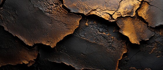 Wall Mural -  A tight shot of a black and gold wall with peeling paint at its edges, featuring a yellow stain in its center