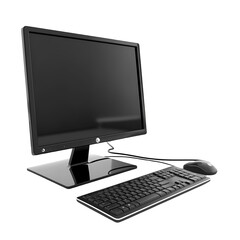 modern desktop computer setup with a monitor, keyboard, and mouse on a clean workspace against a tra