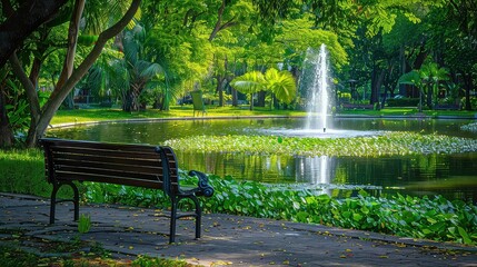 Canvas Print - A wooden bench sits beside a pond with a fountain in a lush green park, showcasing a serene and peaceful setting.