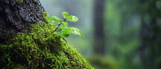 Wall Mural -  A small plant emerges from moss on a tree trunk, cloaked in moss in the forest, amidst rainfall