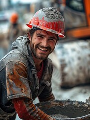 Aufkleber - A male construction worker, smiling to the camera, with a red helmet, pouring cement.