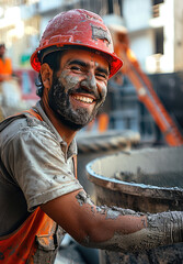 Aufkleber - A male construction worker, smiling to the camera, with a red helmet, pouring cement.