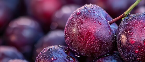 Wall Mural -  A tight shot of several plums, with dewdrops gracing their summits and bases