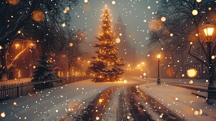 A beautiful Christmas night with snow falling, decorated trees, and street lights in the background.