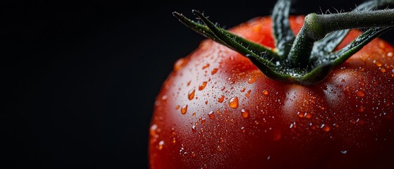 Wall Mural -  Red tomato with water droplets on stem against black backdrop or Closed-up view of a red tomato having water beads on its stem, set against a