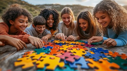 Diverse individuals gather outdoors on a sunny day, piecing together a colorful puzzle, symbolizing teamwork, connection, and shared joy.