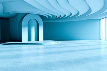 Wall Mural - modern abstract interior design with blue tones and wavy ceiling. 3d rendering