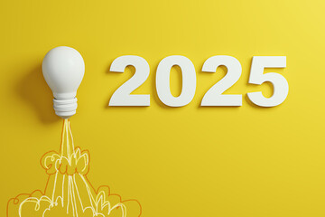 Wall Mural - lightbulb and 2025 concept for startup business ideas on yellow background. 3d rendering