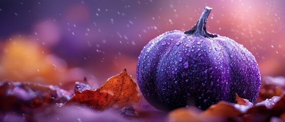 Canvas Print -  A purple pumpkin atop three piles of leaves