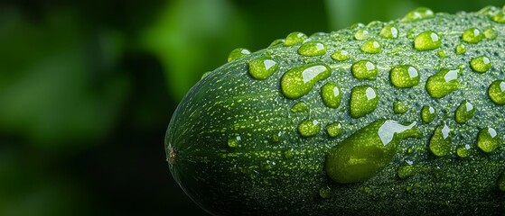 Wall Mural -  A tight shot of a watermelon with dewdrops on its surface and verdant leaves in the backdrop