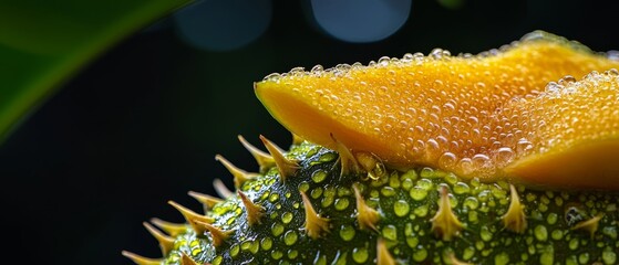 Poster -  A tight shot of a fruit, adorned with droplets on its surface, and a verdant leaf in the backdrop