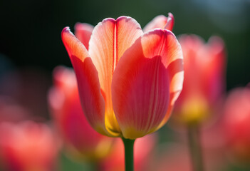 Bright red tulip with a yellow center in a garden.