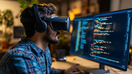 A programmer wearing a headset and glasses works on code in a virtual reality environment. He's creating software using advanced technology.