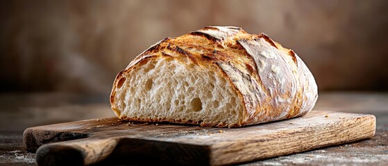 Poster -  A loaf of bread on a wooden cutting board on a wooden table