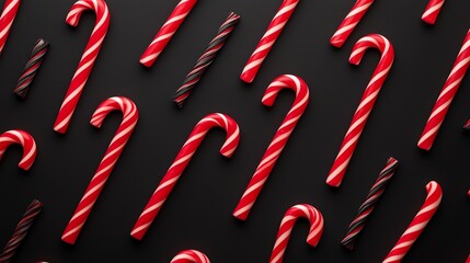 Christmas candy canes in black and red patterns, 3D illustration