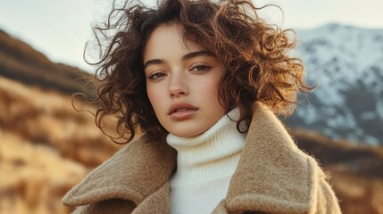 Wall Mural - A woman with curly hair is wearing a white sweater and standing in a field