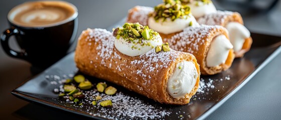 Poster -  A black plate holds pastries, each topped with powdered sugar, beside an espresso coffee cup