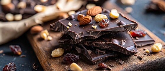 Poster -  A wood cutting board holds a mound of chocolates studded with nuts and dried cherries, alongside a separate bowl of plumped dried cherries