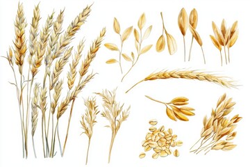 Wall Mural - The grain of oats, an isolated watercolor painting, a realistic cereal plant, seeds. An agricultural harvesting wholegrain product is shown.