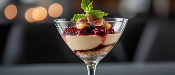 Poster -  A dessert is garnished with berries and mint atop a wine glass