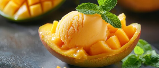 Poster -  Close-up of a mango sliced in half, revealing its flesh In the pit, a scoop of ice cream is positioned A sprig of mint rests beside the