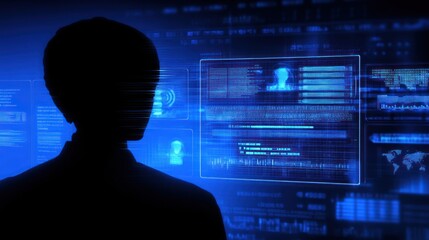Poster - Silhouetted Person Facing a Screen with Blue Digital Data and a World Map