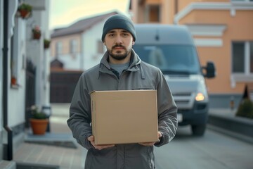 handsome man in gray uniform holding blank cardboard parcel, delivery man standing in front of the house, gray delivery truck on road in the background. ai generated