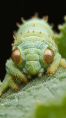 Wall Mural -  A tight shot of a green caterpillar on a verdant leaf, bearing small brown spots as its eye marks