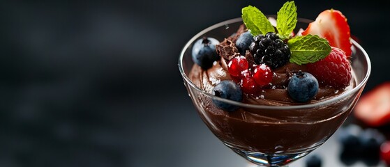 Poster -  A martini glass holds a chocolate dessert topped with berries and a mint garnish Strawberries, blueberries, and raspberries surround the table