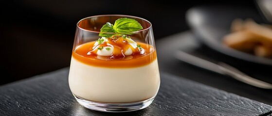 Poster -  A dessert in a glass on the table Nearby, a plate holds a fork and a spoon