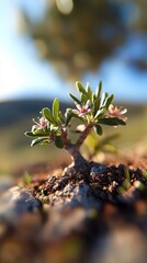 Canvas Print -  A small plant emerges from the earth against a hazy backdrop of a blue sky