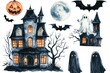 © VIK - spooky Halloween modern set with mystical houses, bats, ghosts, moon and wood isolated.