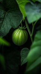 Wall Mural - leaves in focus, stem supporting a round fruit, backdrop dark