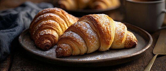 Poster -  Two croissants atop a plate, a cup of coffee nearby with a spoon beside it