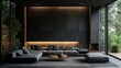 © BISO - A minimalist modern living room featuring black walls and a sleek sofa, showcasing contemporary interior design.