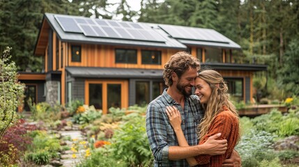 A couple happily embracing in front of their sustainable home, complete with solar panels, a rainwater collection system, and lush landscaping for eco-friendly living.