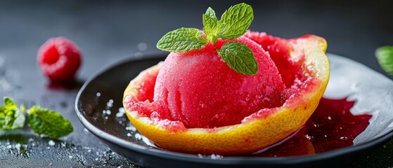 Poster -  A black plate holds a sliced watermelon topped with a fresh fruit segment and a verdant leaf