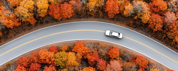 Elevated shot of a scenic route through a forest painted with fall colors, with a car making its way along the curve, representing a journey through nature s seasonal artwork