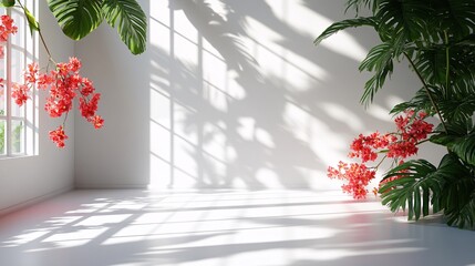 Wall Mural - Abstract white studio background with soft shadows of window panes, flowers, and palm leaves, creating a clean, spacious environment for product presentation.