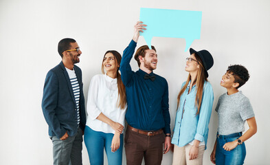 Poster - Mock up space, recruitment and speech bubble with business people in studio for advertising or marketing. Opportunity, smile or voice with man and woman employee group in office for communication