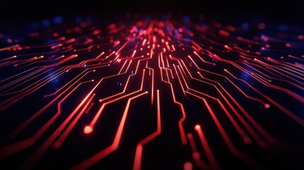Abstract technology background with vibrant red and blue circuit lines on a dark backdrop.