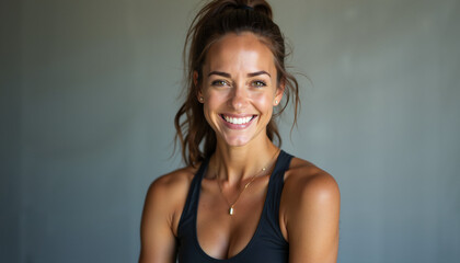 A smiling young Caucasian woman with long brown hair pulled back in a ponytail. She is wearing a black sports bra and looking directly at the camera. The background is a simple gray wall.