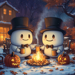 Two ghosts sitting around the campfire and eating somethingTwo ghosts sitting around the campfire and having a drink