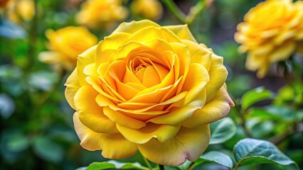 Close-up view of a bright yellow rose in full bloom in the garden