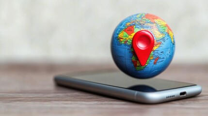 A Globe Floating Above a Smartphone with a Red Pin