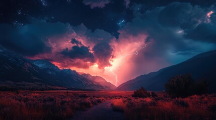 Sticker - Stunning landscape with lightning illuminating the night sky over mountains