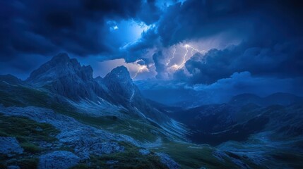 Canvas Print - Stunning landscape with lightning illuminating the night sky over mountains