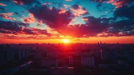 Wall Mural - A vibrant sunset casts an orange and blue glow over a city skyline.