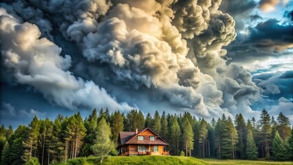 cloudy sky forest and house in extreme close-up view