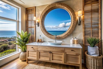 Coastal bathroom with wicker and wood decor elements, round wood framed mirror